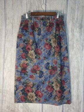 Vtg 80s 90s Vivaldi Jeanswear denim floral midi skirt Pockets Size 14 B29